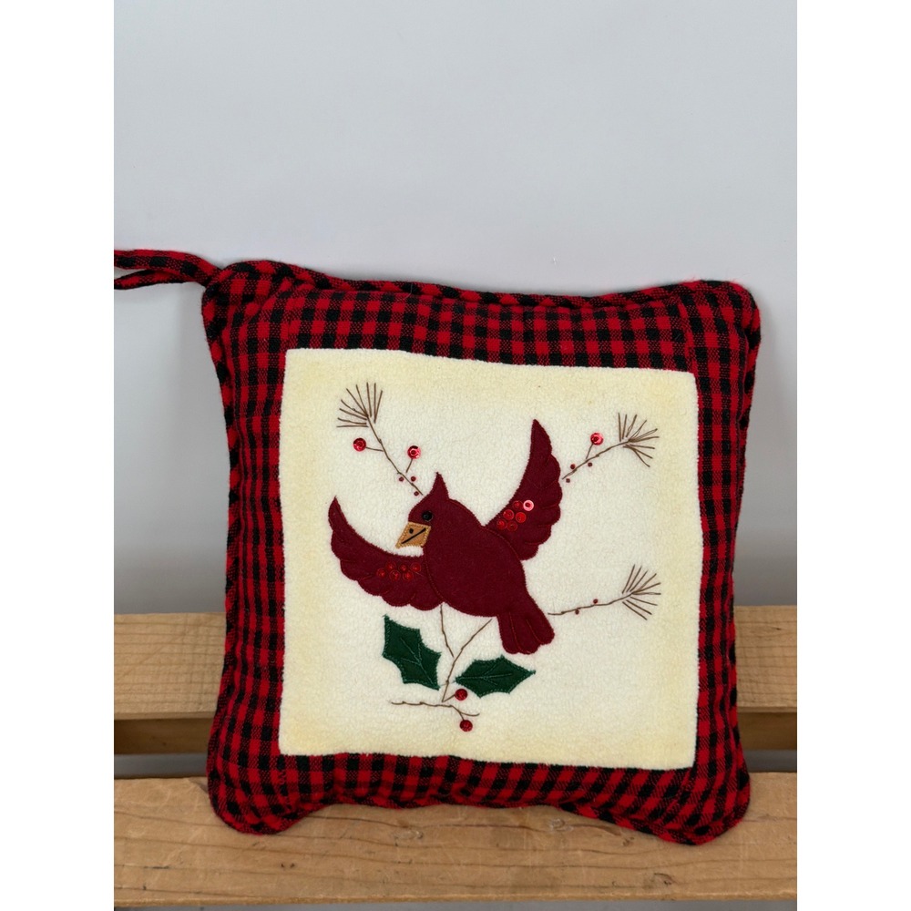 Christmas Cardinal Buffalo Plaid Decorative Throw Pillow Red Black 11x11"
